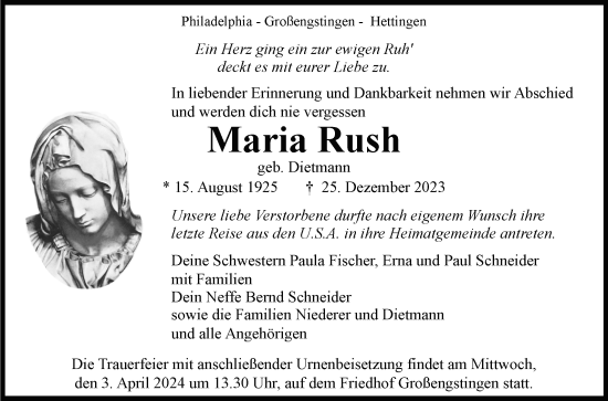 Anzeige von Maria Rush von Reutlinger General-Anzeiger