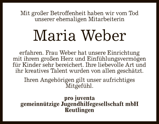 Anzeige von Maria Weber von Reutlinger General-Anzeiger