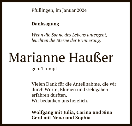 Anzeige von Marianne Haußer von Reutlinger General-Anzeiger