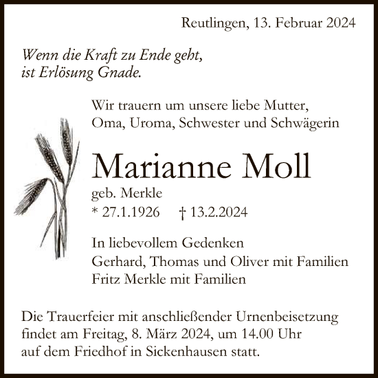 Anzeige von Marianne Moll von Reutlinger General-Anzeiger