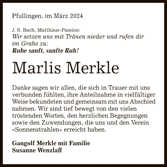 Anzeige von Marlis Merkle von Reutlinger General-Anzeiger