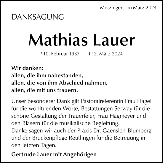 Anzeige von Mathias Lauer von Reutlinger General-Anzeiger
