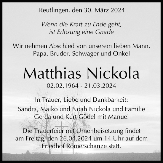 Anzeige von Matthias Nickola von Reutlinger General-Anzeiger