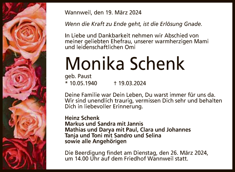  Traueranzeige für Monika Schenk vom 23.03.2024 aus Reutlinger General-Anzeiger