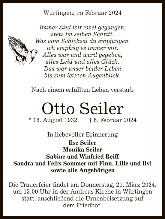 Anzeige von Otto Seiler von Reutlinger General-Anzeiger