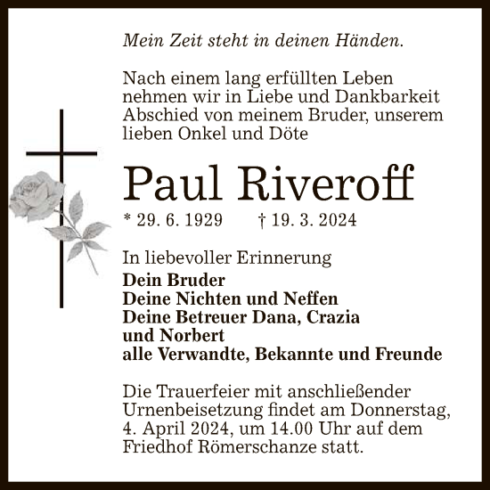 Anzeige von Paul Riveroff von Reutlinger General-Anzeiger