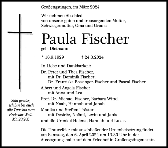 Anzeige von Paula Fischer von Reutlinger General-Anzeiger