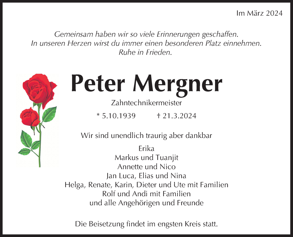  Traueranzeige für Peter Mergner vom 27.03.2024 aus Reutlinger General-Anzeiger