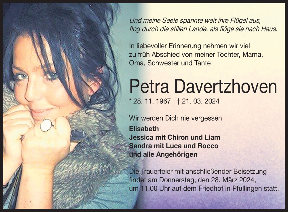  Traueranzeige für Petra Davertzhoven vom 27.03.2024 aus Reutlinger General-Anzeiger