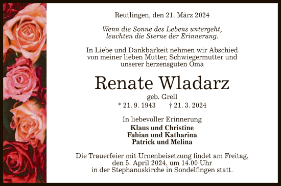 Anzeige von Renate Wladarz von Reutlinger General-Anzeiger