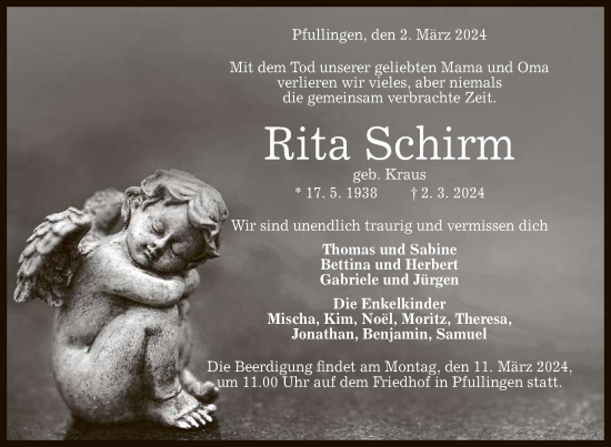 Anzeige von Rita Schirm von Reutlinger General-Anzeiger