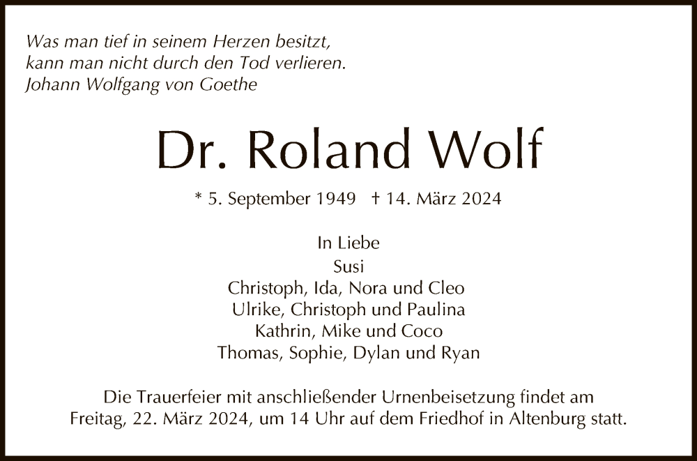  Traueranzeige für Roland Wolf vom 16.03.2024 aus Reutlinger General-Anzeiger