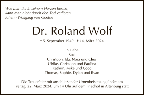 Anzeige von Roland Wolf von Reutlinger General-Anzeiger