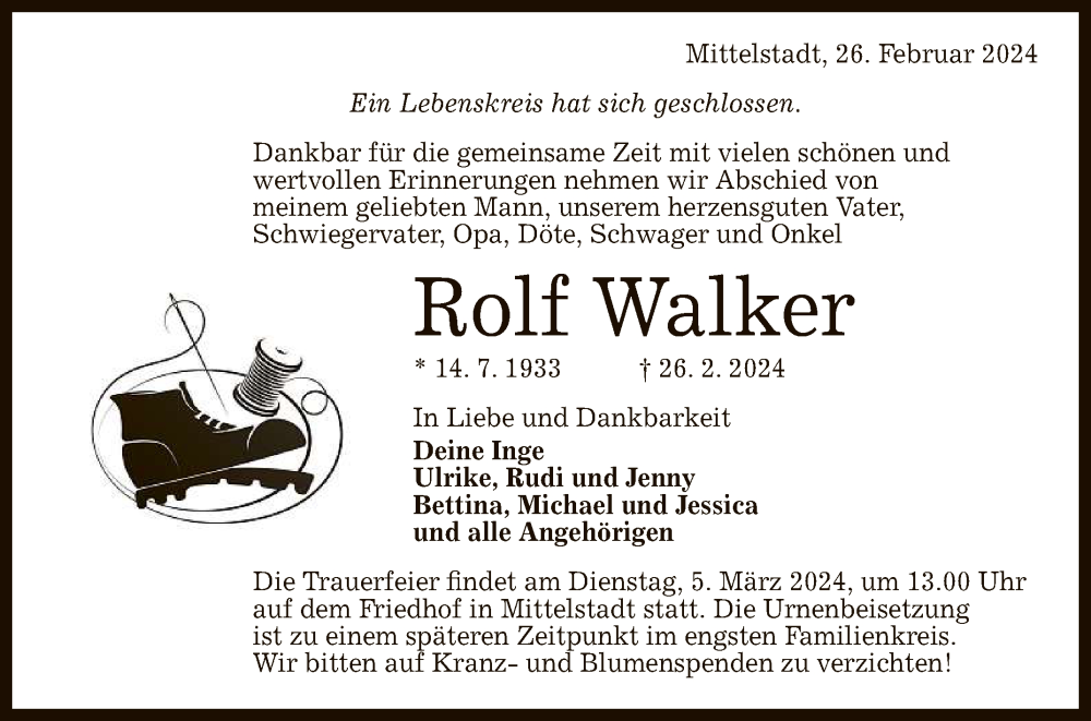  Traueranzeige für Rolf Walker vom 01.03.2024 aus Reutlinger General-Anzeiger