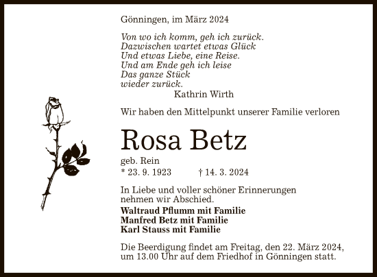 Anzeige von Rosa Betz von Reutlinger General-Anzeiger