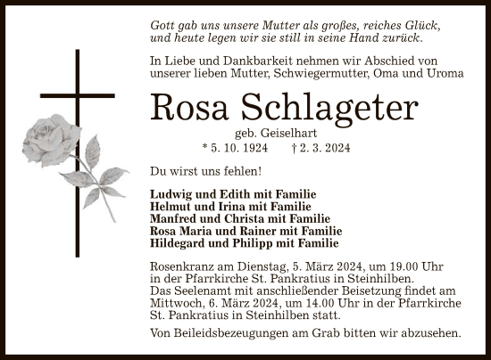 Anzeige von Rosa Schlageter von Reutlinger General-Anzeiger