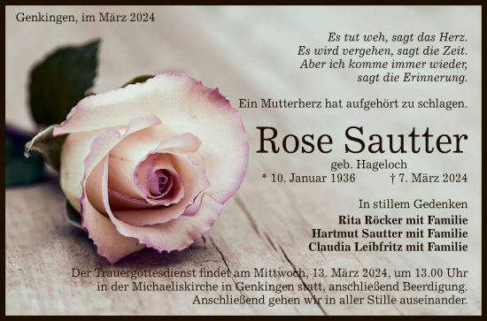 Anzeige von Rose Sautter von Reutlinger General-Anzeiger