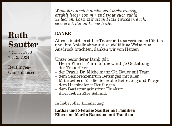 Anzeige von Ruth Sautter von Reutlinger General-Anzeiger