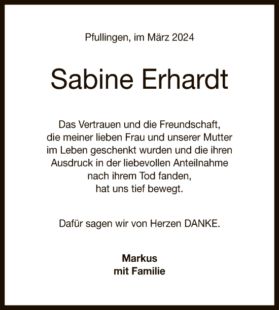 Anzeige von Sabine Erhardt von Reutlinger General-Anzeiger
