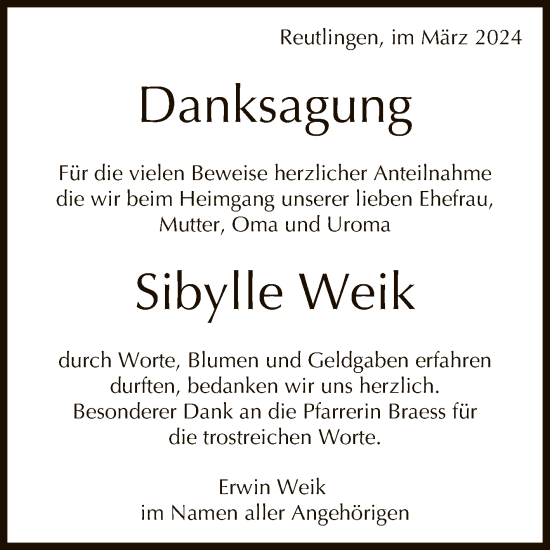 Anzeige von Sibylle Weik von Reutlinger General-Anzeiger