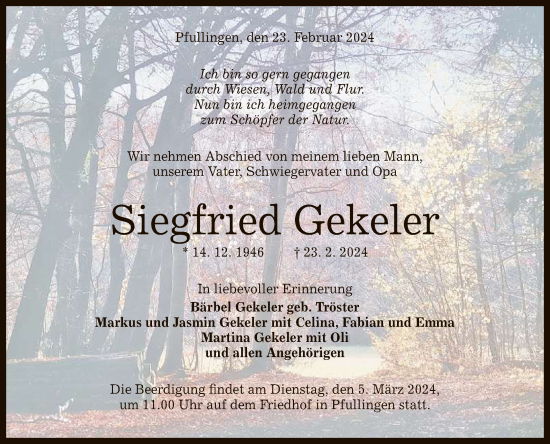 Anzeige von Siegfried Gekeler von Reutlinger General-Anzeiger