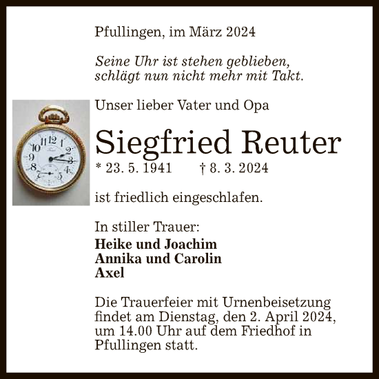 Anzeige von Siegfried Reuter von Reutlinger General-Anzeiger