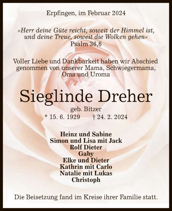 Anzeige von Sieglinde Dreher von Reutlinger General-Anzeiger