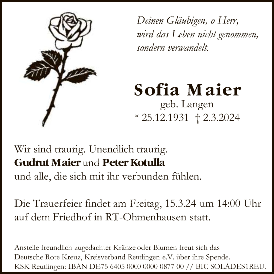 Anzeige von Sofia Maier von Reutlinger General-Anzeiger