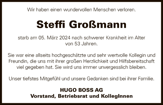 Anzeige von Steffi Großmann von Reutlinger General-Anzeiger