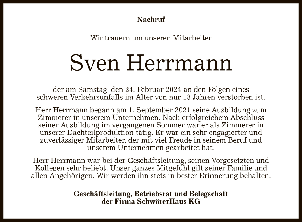  Traueranzeige für Sven Herrmann vom 05.03.2024 aus Reutlinger General-Anzeiger