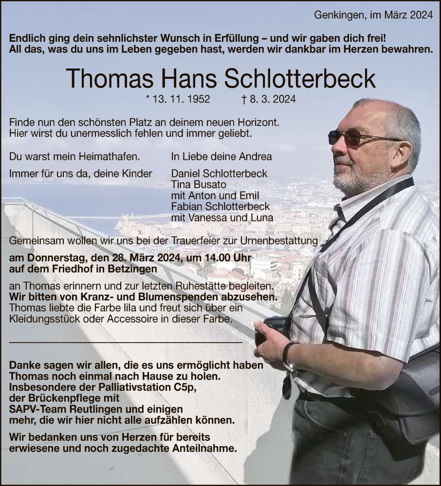  Traueranzeige für Thomas Hans Schlotterbeck vom 23.03.2024 aus Reutlinger General-Anzeiger