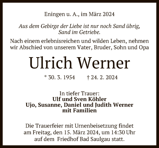 Anzeige von Ulrich Werner von Reutlinger General-Anzeiger