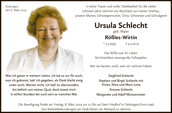 Anzeige von Ursula Schlecht von Reutlinger General-Anzeiger