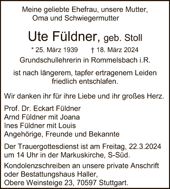 Anzeige von Ute Füldner von Reutlinger General-Anzeiger