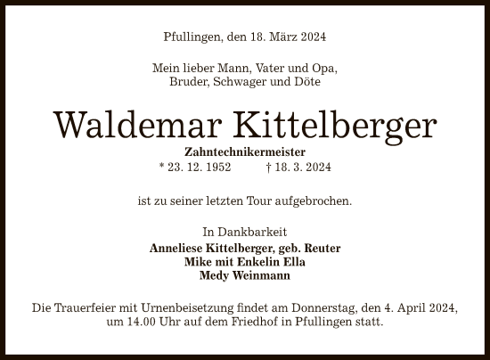 Anzeige von Waldemar Kittelberger von Reutlinger General-Anzeiger