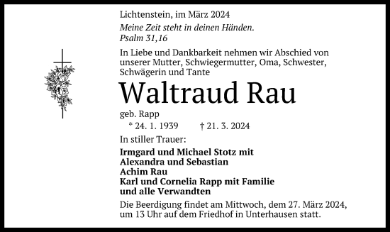 Anzeige von Waltraud Rau von Reutlinger General-Anzeiger