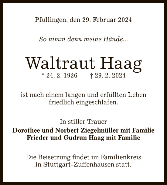 Anzeige von Waltraut Haag von Reutlinger General-Anzeiger