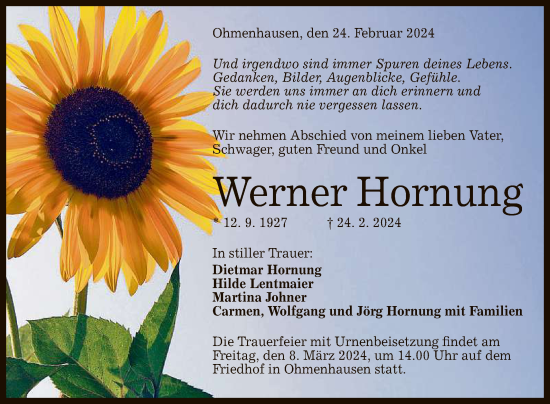 Anzeige von Werner Hornung von Reutlinger General-Anzeiger