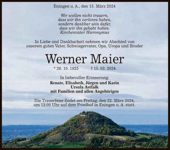 Anzeige von Werner Maier von Reutlinger General-Anzeiger