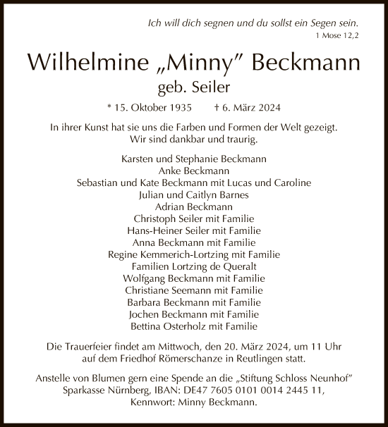 Anzeige von Wilhelmine  Beckmann von Reutlinger General-Anzeiger