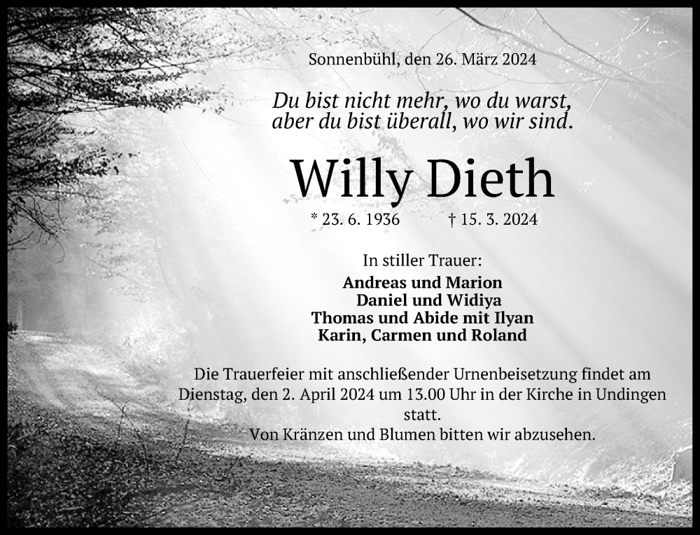  Traueranzeige für Willy Dieth vom 26.03.2024 aus Reutlinger General-Anzeiger
