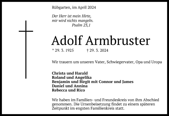 Anzeige von Adolf Armbruster von Reutlinger General-Anzeiger