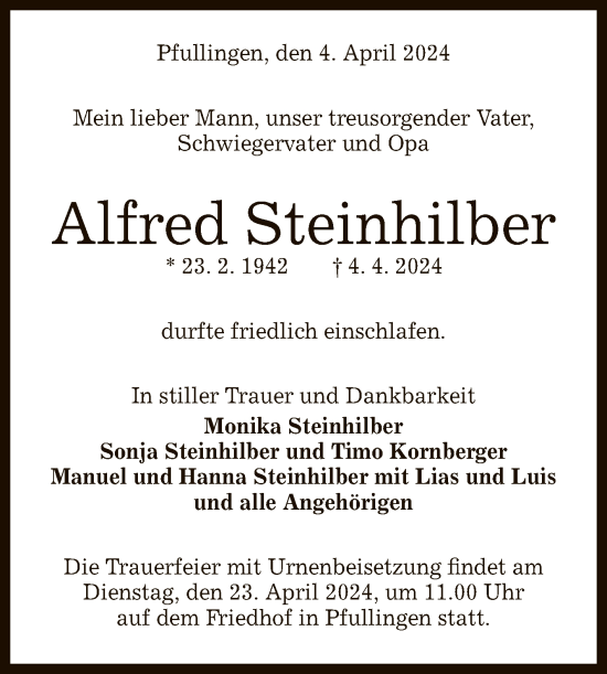Anzeige von Alfred Steinhilber von Reutlinger General-Anzeiger