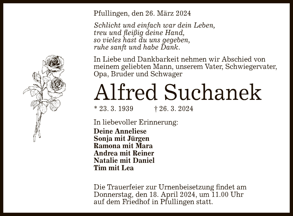 Traueranzeige für Alfred Suchanek vom 13.04.2024 aus Reutlinger General-Anzeiger