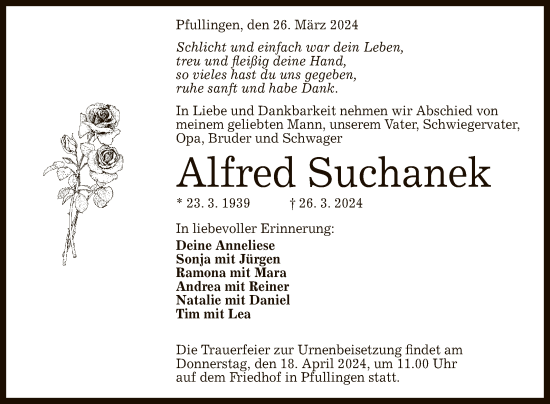 Anzeige von Alfred Suchanek von Reutlinger General-Anzeiger