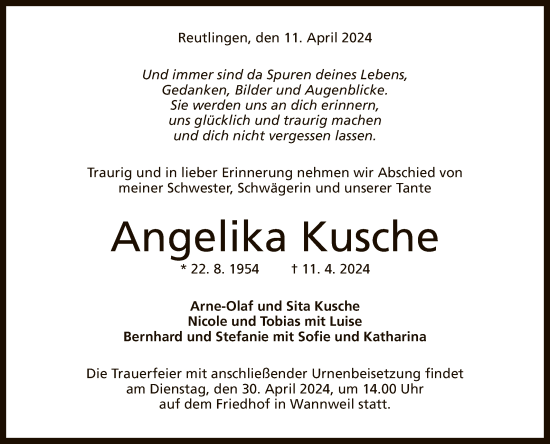 Anzeige von Angelika Kusche von Reutlinger General-Anzeiger