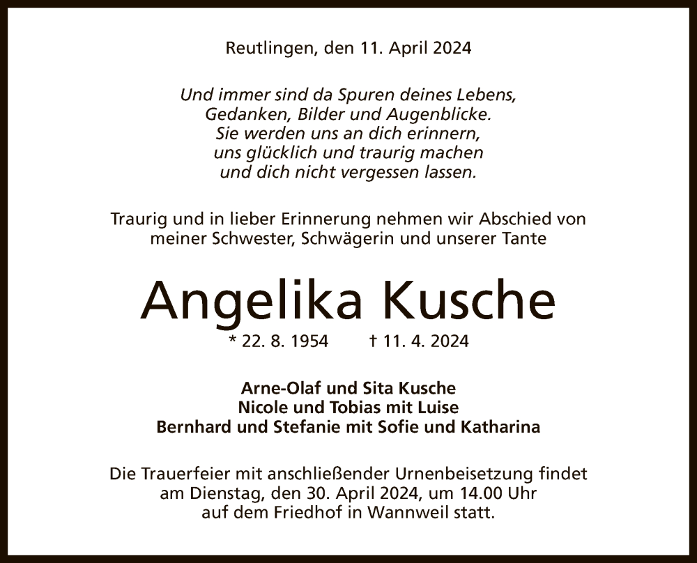  Traueranzeige für Angelika Kusche vom 20.04.2024 aus Reutlinger General-Anzeiger