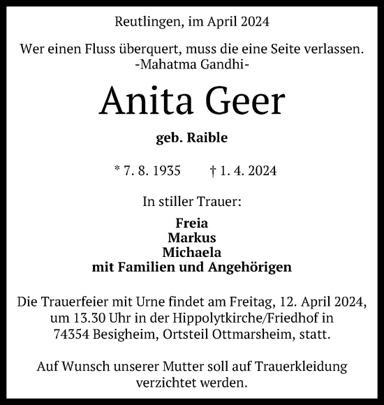 Anzeige von Anita Geer von Reutlinger General-Anzeiger