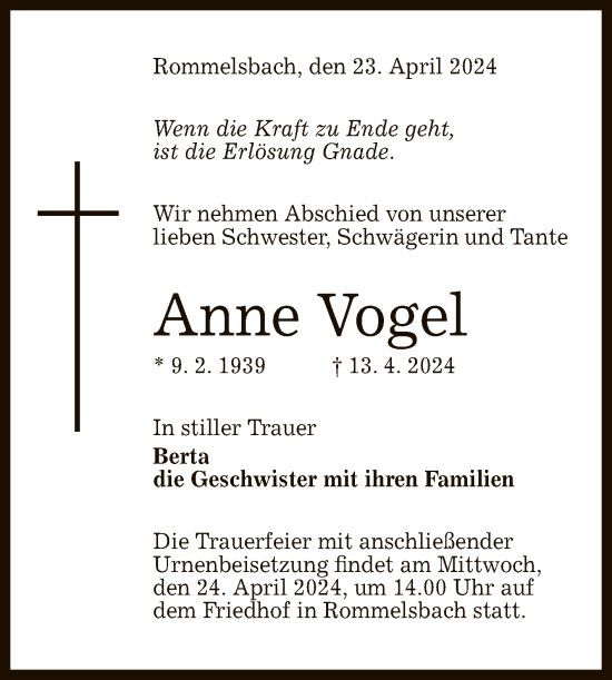 Anzeige von Anne Vogel von Reutlinger General-Anzeiger