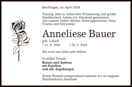 Anzeige von Anneliese Bauer von Reutlinger General-Anzeiger